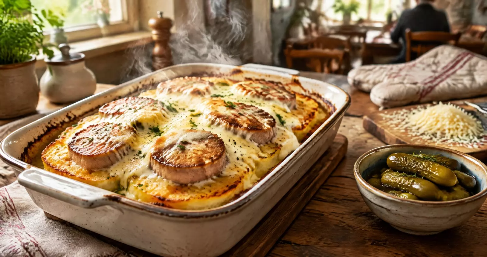 Драники со свининой запекают в духовке под сметаной и сыром