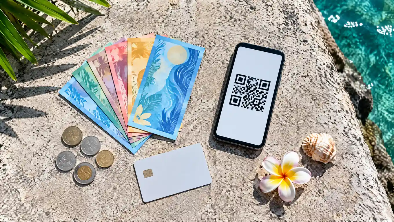 Наличные баты, банковская карта и смартфон с QR-кодом на залитой солнцем курортной набережной