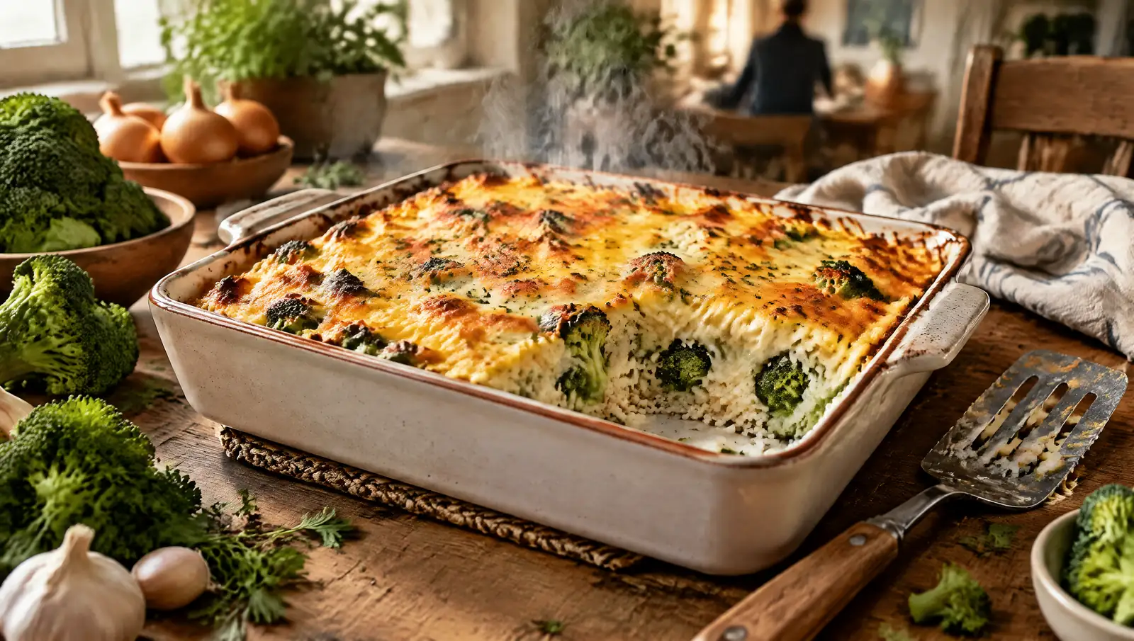 Запеканка с рисом и брокколи с золотистой сырной корочкой на деревянном кухонном столе